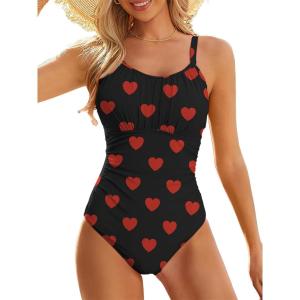 imageModest One Piece Swimsuit Women Tummy Control 2025 Long Torso Slimming Bathing Suit Cute Floral Swim SuitsBlack Heart