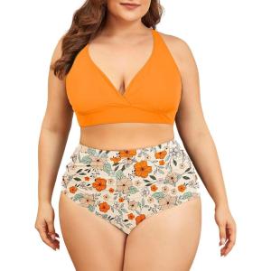 imageAmerican Trends Womens Plus Size Bikini Two Piece Swimsuits Tummy Control Bathing Suits High Waisted Bikini SwimwearOrange Floral