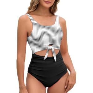 imageAmerican Trends One Piece Swimsuit Women Tummy Control Bathing Suit Swim Suits for Women 2025 Cutout Tie Knot SwimwearBlack White