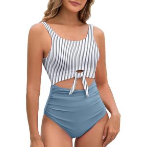 imageAmerican Trends One Piece Swimsuit Women Tummy Control Bathing Suit Swim Suits for Women 2025 Cutout Tie Knot SwimwearBlue White