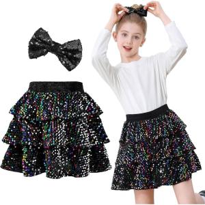 imageAmerican Trends Girls Sparkly Sequin Skirts Toddler 3Layers Ruffle Metallic Skirt Kids Glitter Skirt with HairbowBlack