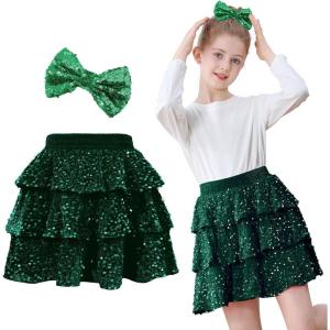 imageAmerican Trends Girls Sparkly Sequin Skirts Toddler 3Layers Ruffle Metallic Skirt Kids Glitter Skirt with HairbowGreen