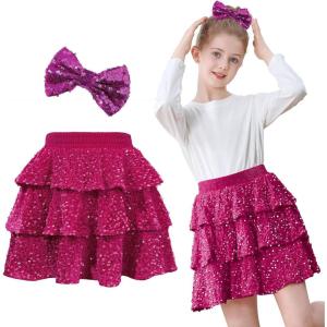 imageAmerican Trends Girls Sparkly Sequin Skirts Toddler 3Layers Ruffle Metallic Skirt Kids Glitter Skirt with HairbowHot Pink