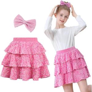 imageAmerican Trends Girls Sparkly Sequin Skirts Toddler 3Layers Ruffle Metallic Skirt Kids Glitter Skirt with HairbowPink