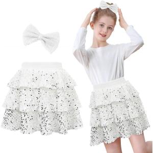 imageAmerican Trends Girls Sparkly Sequin Skirts Toddler 3Layers Ruffle Metallic Skirt Kids Glitter Skirt with HairbowWhite