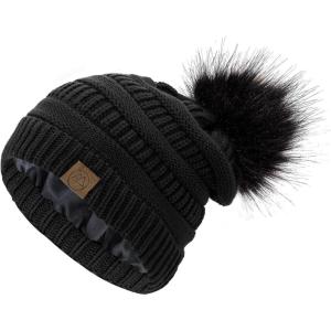 imageAmerican Trends Beanies Women Winter Hats for Women Satin Lined Slouchy Beanie with Pom Pom Warm Cable Knit Snow Ski Hat02 Blackblack Pom Pom