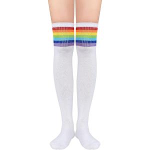 imageAmerican Trends Womens Rainbow Socks Striped Knee High Socks Thigh High Stockings Casual Tube Socks Costume Leg Warmers06 White Rainbow