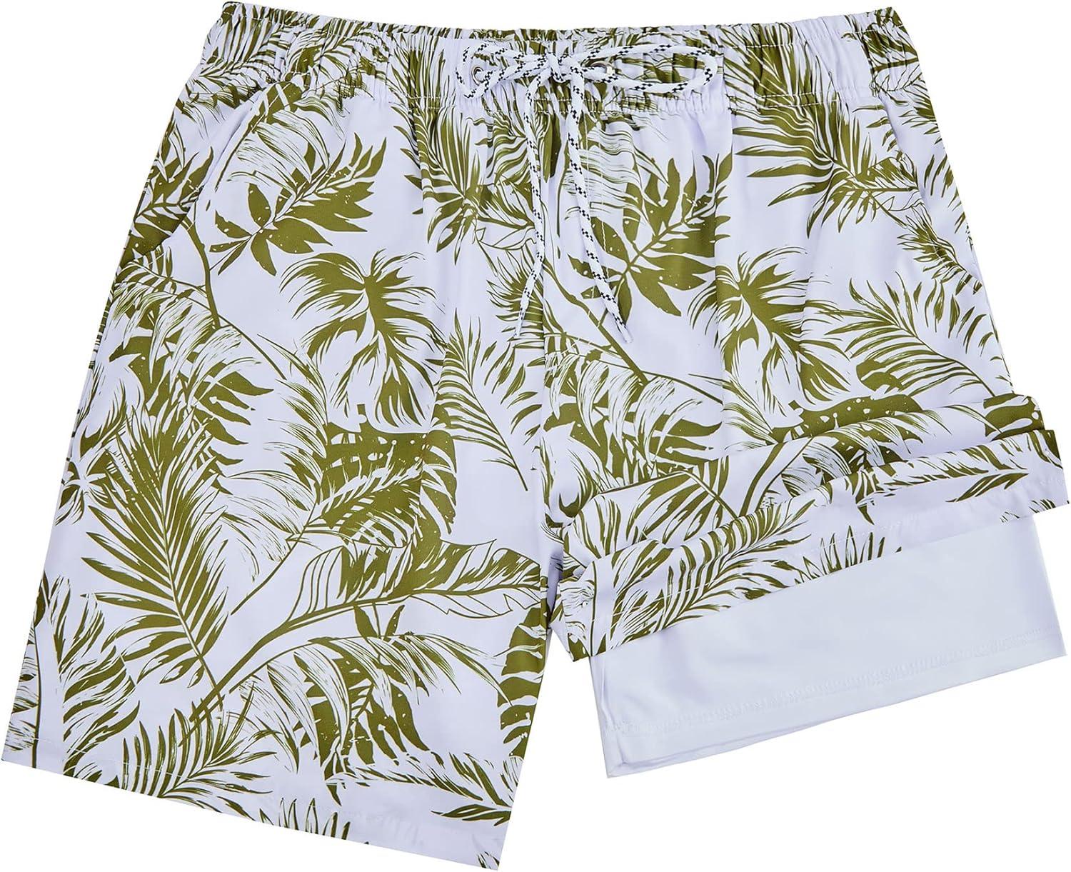 imageMens Swimsuit Trunks 7 Inch Inseam Beach Shorts with Pockets Mens Swimming Trunks Green Flower 2XL