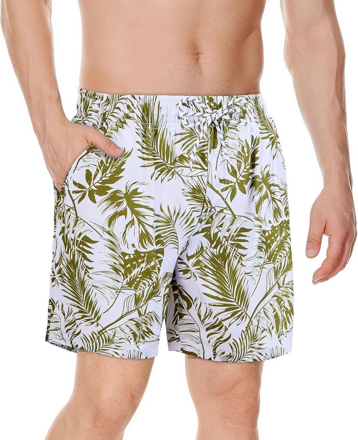 imageMens Swimsuit Trunks 7 Inch Inseam Beach Shorts with Pockets Mens Swimming Trunks Green Flower 2XL