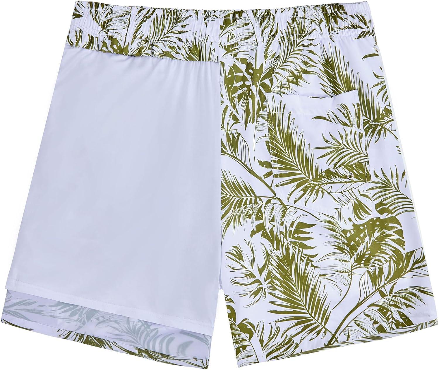 imageMens Swimsuit Trunks 7 Inch Inseam Beach Shorts with Pockets Mens Swimming Trunks Green Flower 2XL
