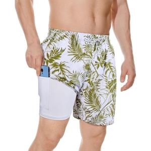 imageMens Swimsuit Trunks 7 Inch Inseam Beach Shorts with Pockets Mens Swimming Trunks Green Flower 2XL