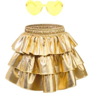 imageAmerican Trends Girls Metallic Skirts Kids 3Layers Ruffle Sparkly Skirt with Sunglasses for Girl 415 YearsGold