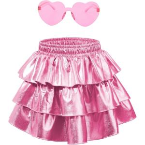 imageAmerican Trends Girls Metallic Skirts Kids 3Layers Ruffle Sparkly Skirt with Sunglasses for Girl 415 YearsPink