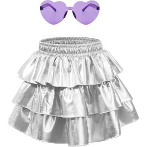 imageAmerican Trends Girls Metallic Skirts Kids 3Layers Ruffle Sparkly Skirt with Sunglasses for Girl 415 YearsSilver