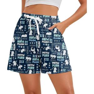 imagePajama Shorts Women Set Casual Elastic Sleep Shorts Summer Lounge Pants Comfy Pj Short with Pockets PrintedBlue Cat