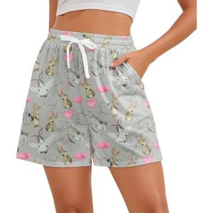 imagePajama Shorts Women Set Casual Elastic Sleep Shorts Summer Lounge Pants Comfy Pj Short with Pockets PrintedRabbit Love Grey