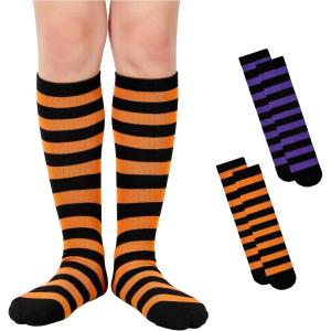 imageAmerican Trends Kids Knee High Socks Youth Seamless Cotton Long Socks Girls Boys Accessories for School Spirit Week Crazy Day2 Pack Striped Black Orange Purple