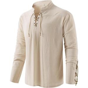 imageMens Pirate Shirt Medieval Renaissance Steampunk Retro Long Sleeve Lace up T Shirt Viking Gothic Halloween Costume TopBeige D