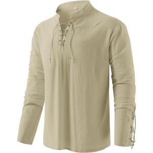 imageMens Pirate Shirt Medieval Renaissance Steampunk Retro Long Sleeve Lace up T Shirt Viking Gothic Halloween Costume TopLight Khaki