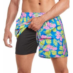 imageMens Swim Trunks with Compression Liner Board Shorts for Men Quick Dry Swimsuits Bathing Suit Swimwear MXXL5 Hawaiian Leaves