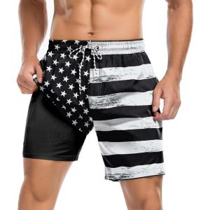 imageMens Swim Trunks with Compression Liner Board Shorts for Men Quick Dry Swimsuits Bathing Suit Swimwear MXXL7black White American Flag