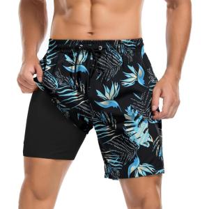 imageMens Swim Trunks with Compression Liner Board Shorts for Men Quick Dry Swimsuits Bathing Suit Swimwear MXXL7blue Palm Leaf