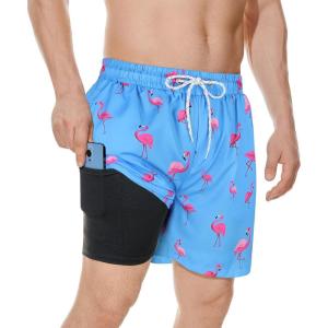 imageMens Swim Trunks with Compression Liner Board Shorts for Men Quick Dry Swimsuits Bathing Suit Swimwear MXXLA Sky Blue Flamingo
