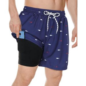 imageMens Swim Trunks with Compression Liner Board Shorts for Men Quick Dry Swimsuits Bathing Suit Swimwear MXXLNavy Blue Fish Bone