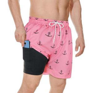 imageMens Swim Trunks with Compression Liner Board Shorts for Men Quick Dry Swimsuits Bathing Suit Swimwear MXXLPink Anchor