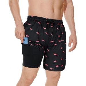 imageMens Swim Trunks with Compression Liner Board Shorts for Men Quick Dry Swimsuits Bathing Suit Swimwear MXXLPink Shark