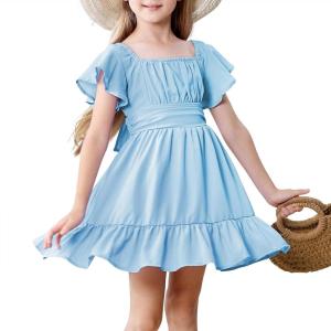 imageAmerican Trends Girls Dresses  Tie Back Summer Dress Ruffle Short Sleeve Square Neck Off Shoulder Size 415 YearsBlue