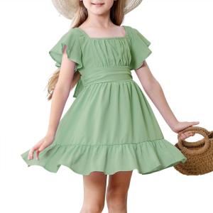 imageAmerican Trends Girls Dresses  Tie Back Summer Dress Ruffle Short Sleeve Square Neck Off Shoulder Size 415 YearsGreen