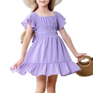 imageAmerican Trends Girls Dresses  Tie Back Summer Dress Ruffle Short Sleeve Square Neck Off Shoulder Size 415 YearsPurple
