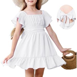 imageAmerican Trends Girls Dresses  Tie Back Summer Dress Ruffle Short Sleeve Square Neck Off Shoulder Size 415 YearsWhite