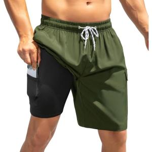 imageAmerican Trends Mens Swim Trunks with Compression Liner Board Shorts for Men Quick Dry Swimsuits Bathing Suit Swimwear9 Army Green