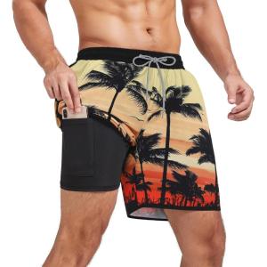 imageAmerican Trends Mens Swim Trunks with Compression Liner Qucik Dry Board Shorts 2 in 1 Mens SwimsuitsCoconut Tree