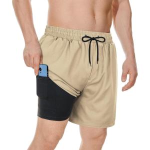 imageAmerican Trends Mens Swim Trunks with Compression Liner Qucik Dry Board Shorts 2 in 1 Mens SwimsuitsDeep Khaki