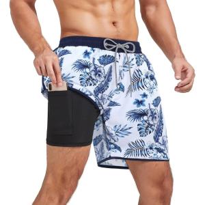 imageAmerican Trends Mens Swim Trunks with Compression Liner Qucik Dry Board Shorts 2 in 1 Mens SwimsuitsWhite Blue Leaf