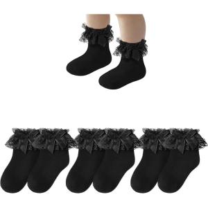 imageAmerican Trends Toddler Girls 3 Pairs Ruffle Socks Baby Cute Bowknot Lace Dress SocksBlack
