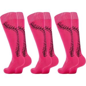 imageAmerican Trends Girls Softball Socks with Stitches 3 Pairs Youth Athletic Socks for Soccer Baseball Softball FootballRose Red
