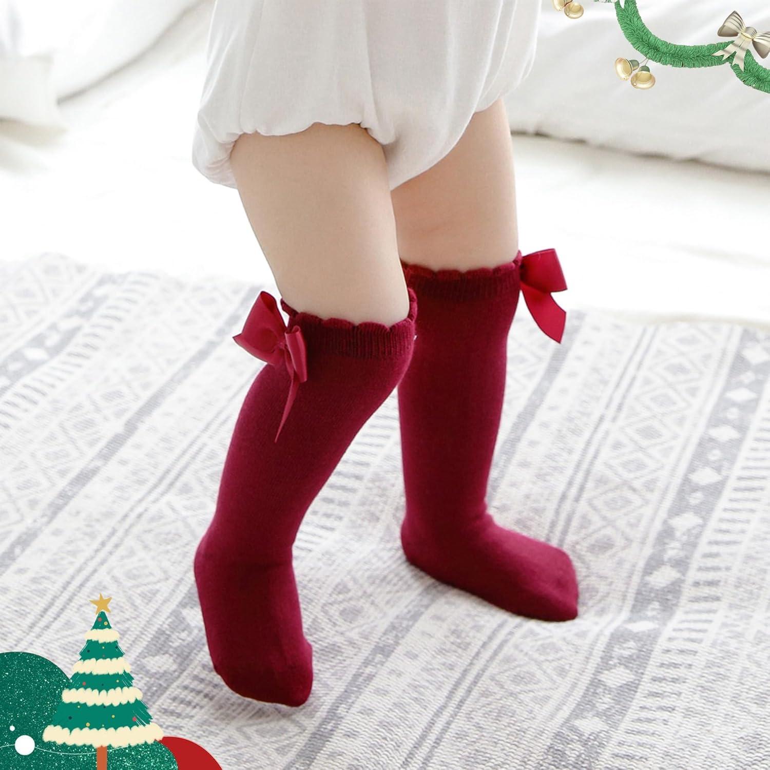 imageAmerican Trends Baby Knee High Socks  Girls ampamp Boys Newborn to Toddlers  Ruffled Tube SocksE 5 Pack Christmas Bow Knot