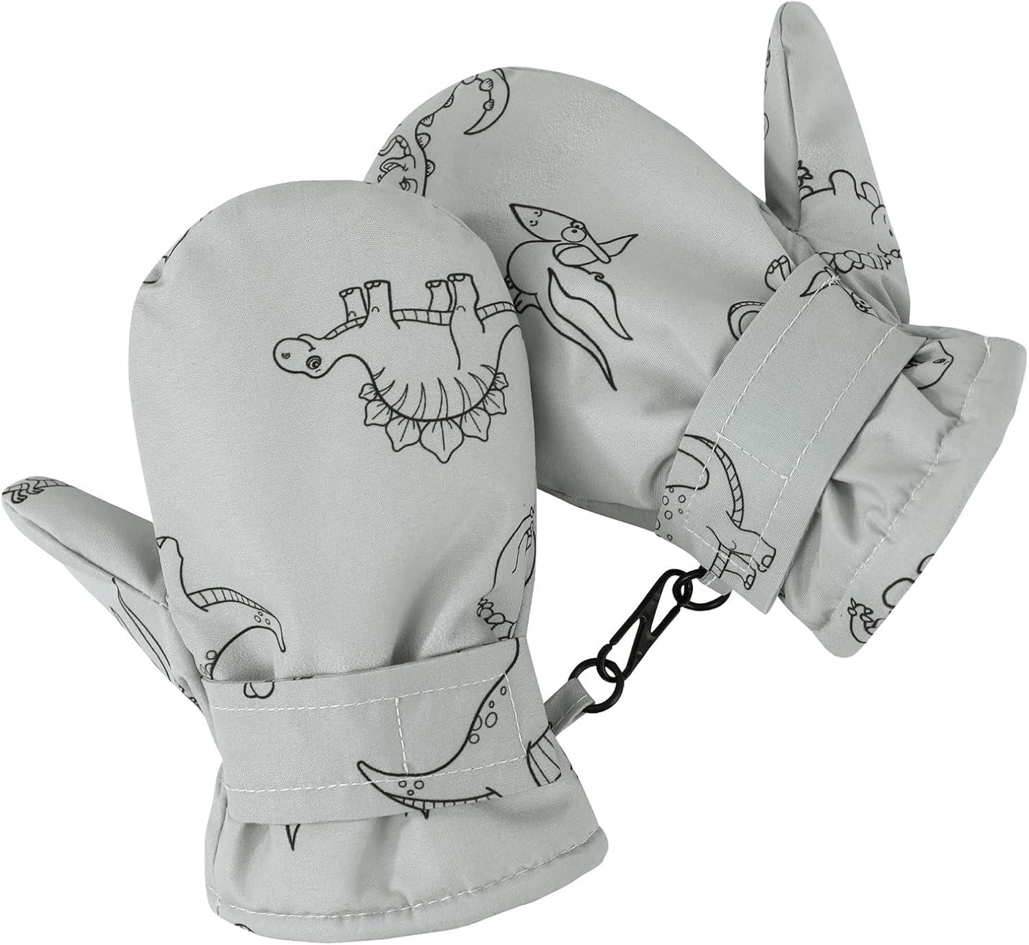 imageAmerican Trends Lined Fleece Toddler Mittens Winter Warm Gloves Child Ski Waterproof Snow Baby Mittens for Boys GirlsGrey Dinosaur