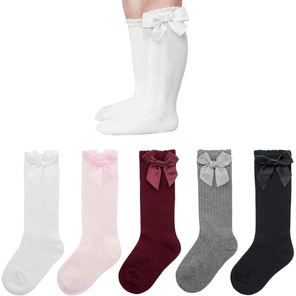 imageAmerican Trends Baby Knee High Socks  Girls ampamp Boys Newborn to Toddlers  Ruffled Tube SocksC 5 Pack Bowknot