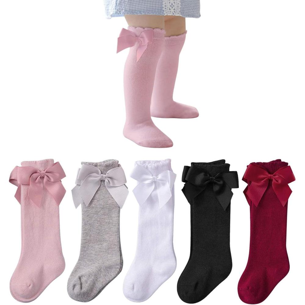 imageAmerican Trends Baby Knee High Socks  Girls ampamp Boys Newborn to Toddlers  Ruffled Tube SocksE 5 Pack Cute Bow Knot