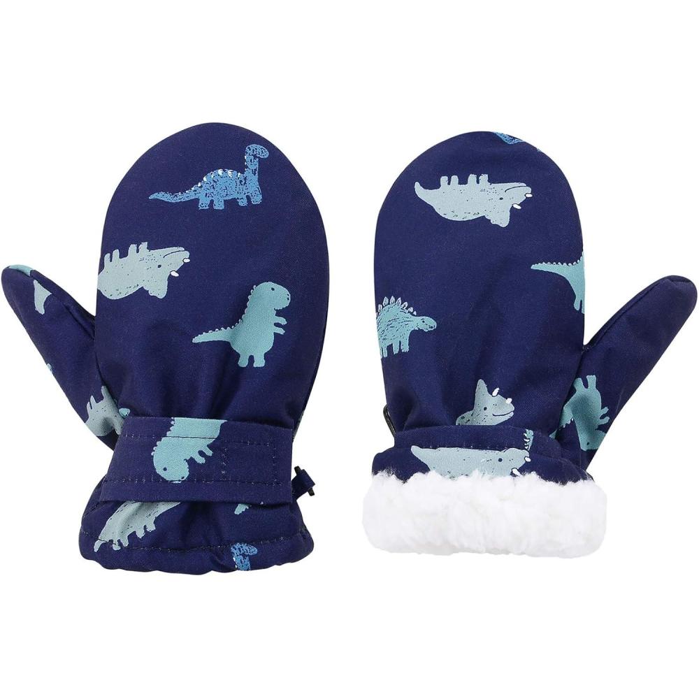 imageAmerican Trends Lined Fleece Toddler Mittens Winter Warm Gloves Child Ski Waterproof Snow Baby Mittens for Boys GirlsBlue Dinosaur