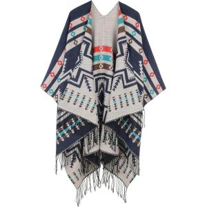 imageWomens Blanket Shawls Wraps Winter Printed Open Front Poncho Cape Plaid Shawls for WomenSeries 56navy Printed