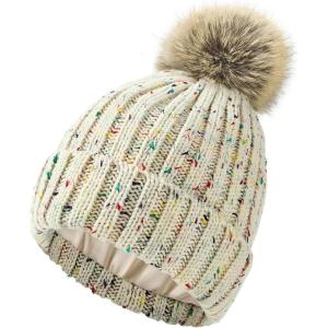 imageSatin Lined Beanie for Women Knit Winter Hats Silk Lined Womens Beanie with Detachable Pom PomBeige Mix