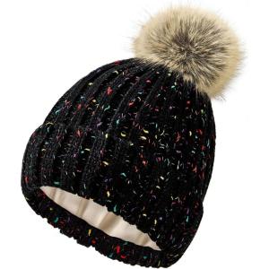 imageSatin Lined Beanie for Women Knit Winter Hats Silk Lined Womens Beanie with Detachable Pom PomBlack Mix