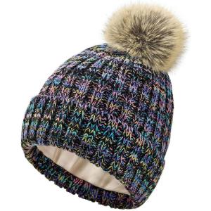imageSatin Lined Beanie for Women Knit Winter Hats Silk Lined Womens Beanie with Detachable Pom PomBlack Multi
