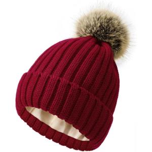imageSatin Lined Beanie for Women Knit Winter Hats Silk Lined Womens Beanie with Detachable Pom PomBurgundy